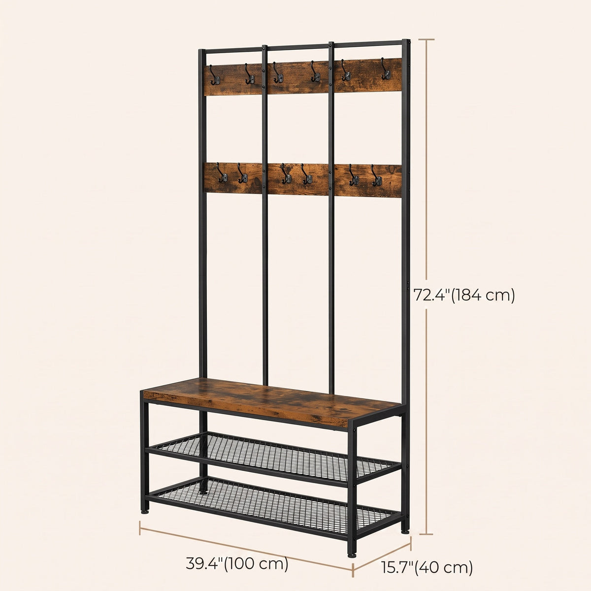 Large Hallway Coat and Shoe Rack with Bench, Brown - image 2