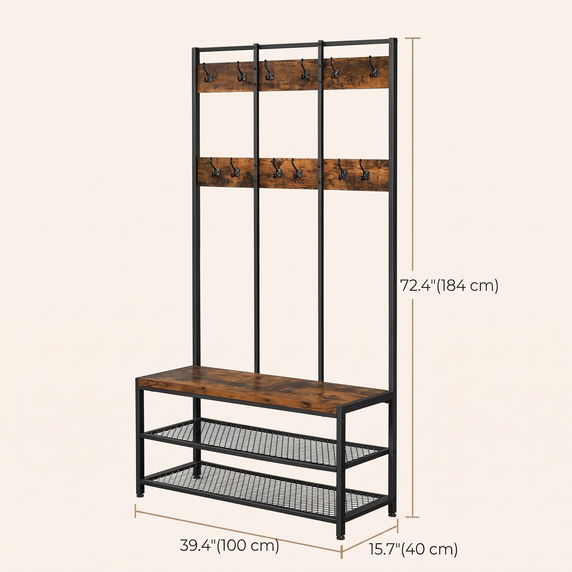 Large Hallway Coat and Shoe Rack with Bench, Brown - image 2