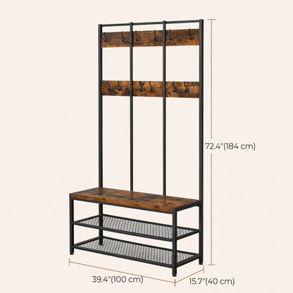 Large Hallway Coat and Shoe Rack with Bench, Brown - image 2