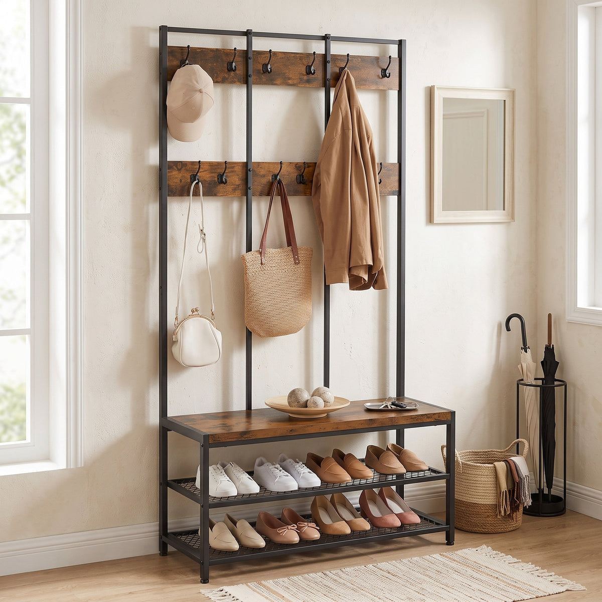 Large Hallway Coat and Shoe Rack with Bench, Brown - image 3