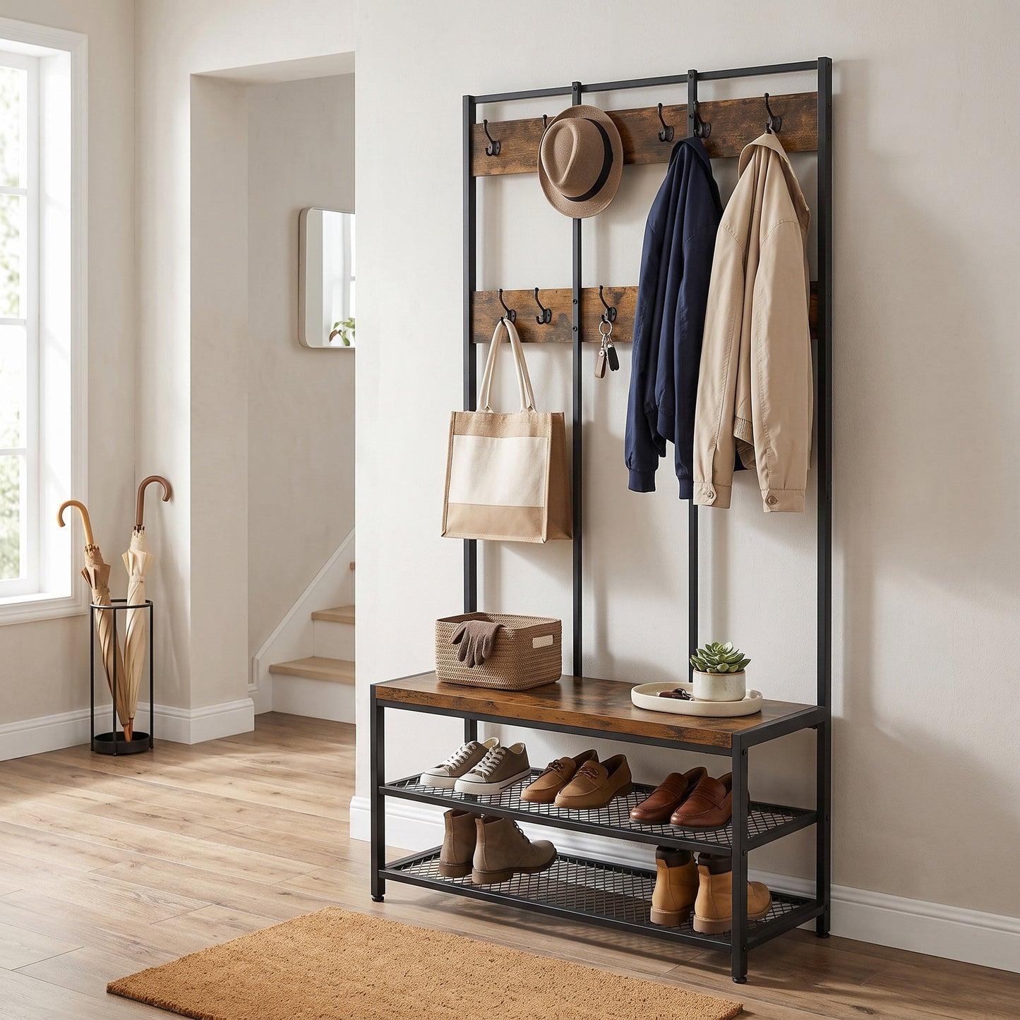 Large Hallway Coat and Shoe Rack with Bench, Brown - image 7