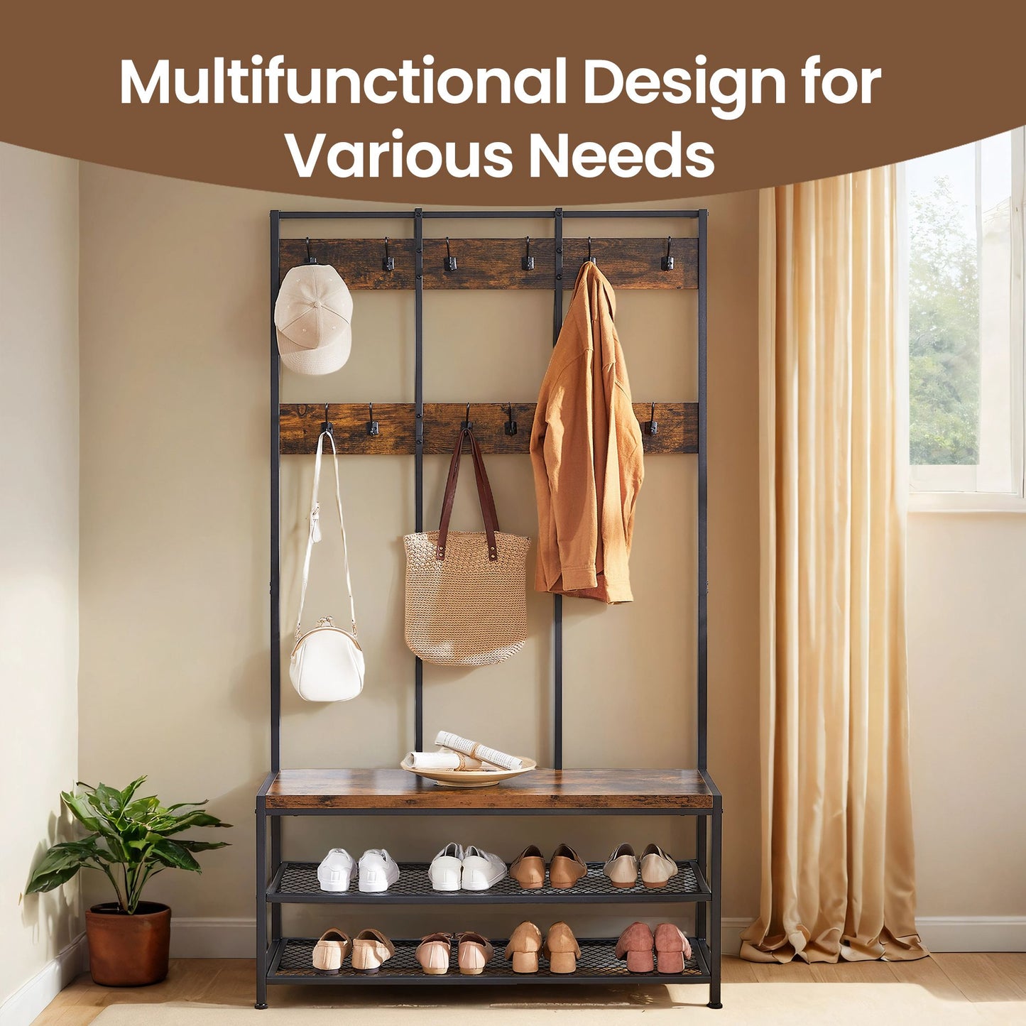 Large Hallway Coat and Shoe Rack with Bench, Brown - image 4