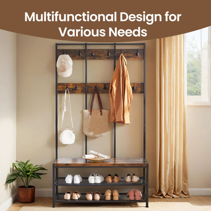 Large Hallway Coat and Shoe Rack with Bench, Brown - image 4