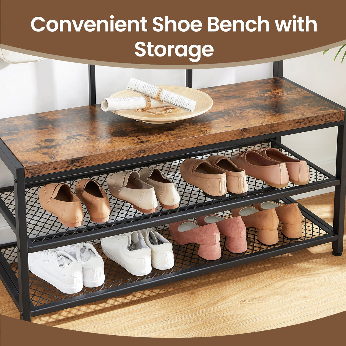 Large Hallway Coat and Shoe Rack with Bench, Brown - image 5