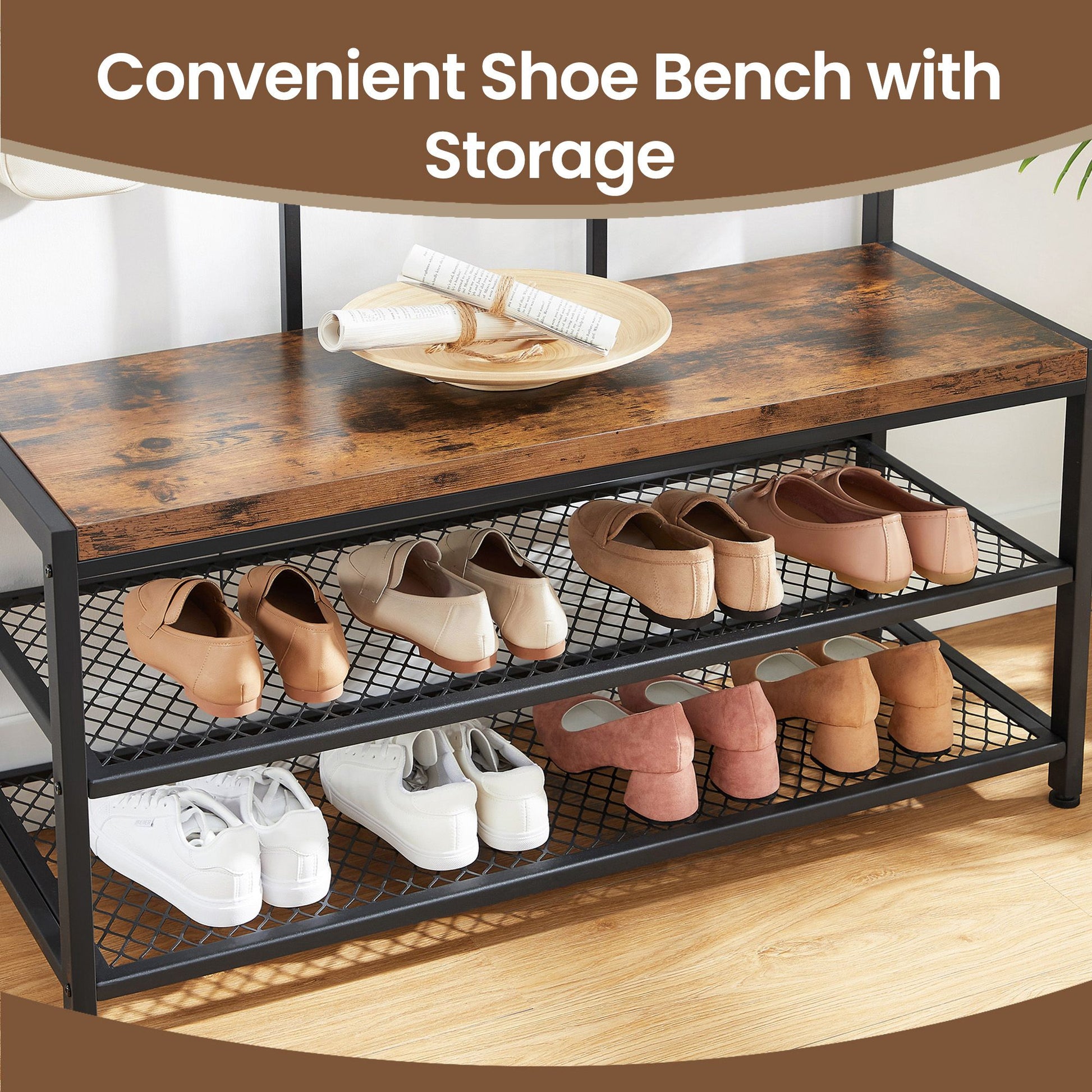 Large Hallway Coat and Shoe Rack with Bench, Brown - image 5