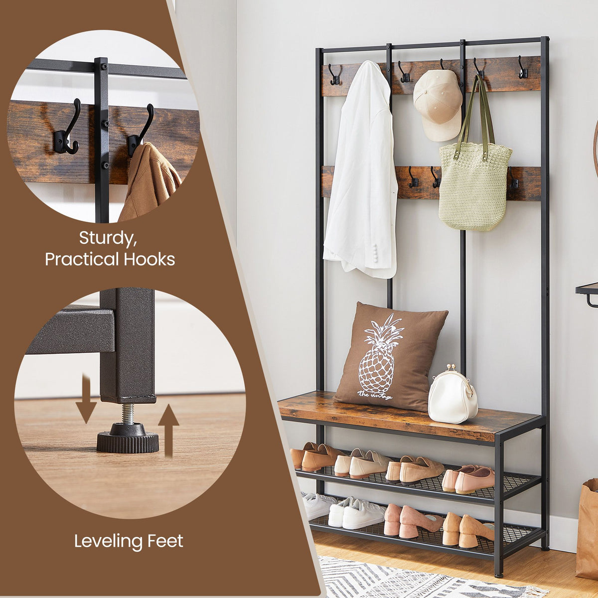 Large Hallway Coat and Shoe Rack with Bench, Brown - image 6