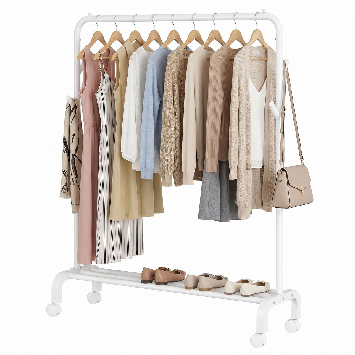Clothes Rack, Single-Rod Clothing Rack with Wheels, Heavy-Duty Garment Rack