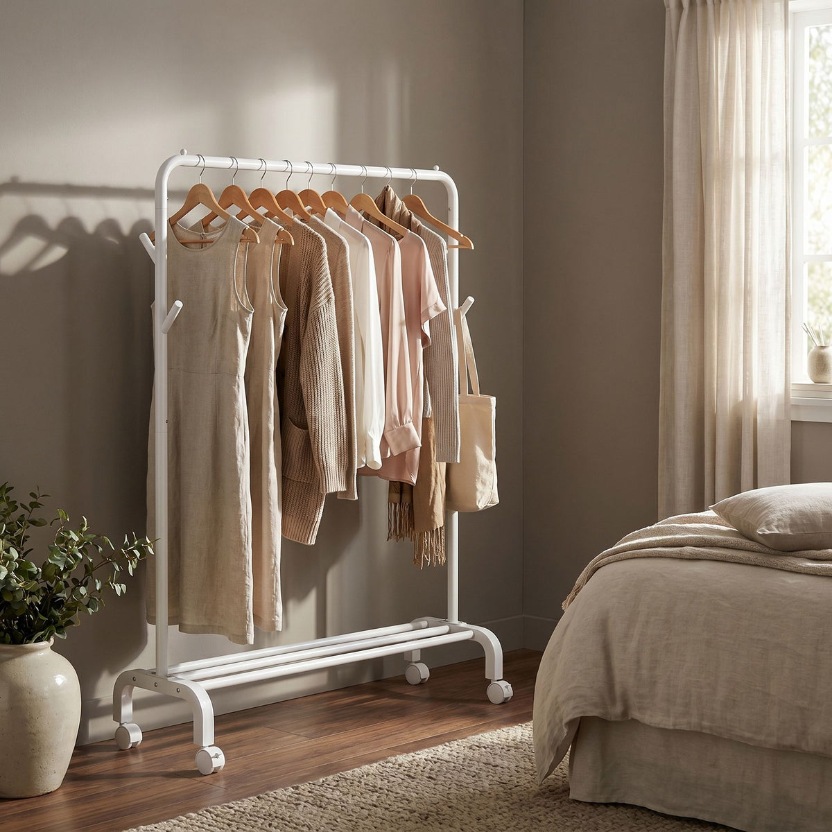 Clothes Rack, Single-Rod Clothing Rack with Wheels, Heavy-Duty Garment Rack