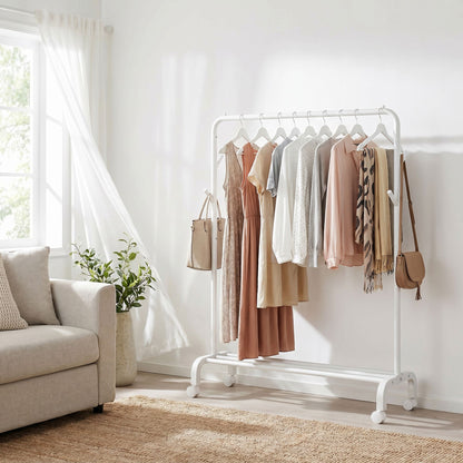 Clothes Rack, Single-Rod Clothing Rack with Wheels, Heavy-Duty Garment Rack