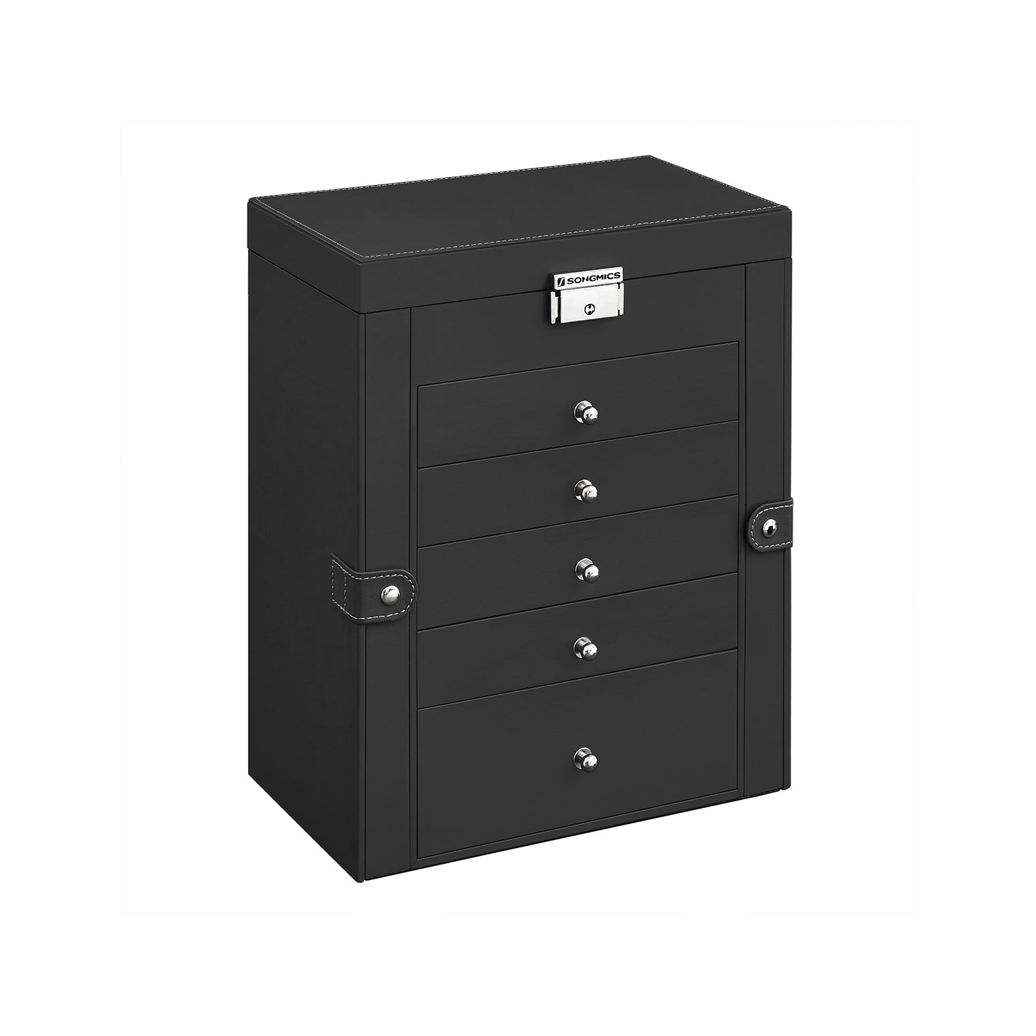 Jewelry Box, 6-Tier Large Jewelry Case with Drawers, Mirror and Lock, Storage Organizer for Bracelets Earrings Rings Necklaces Watches, Gift, Black UJBC152B01