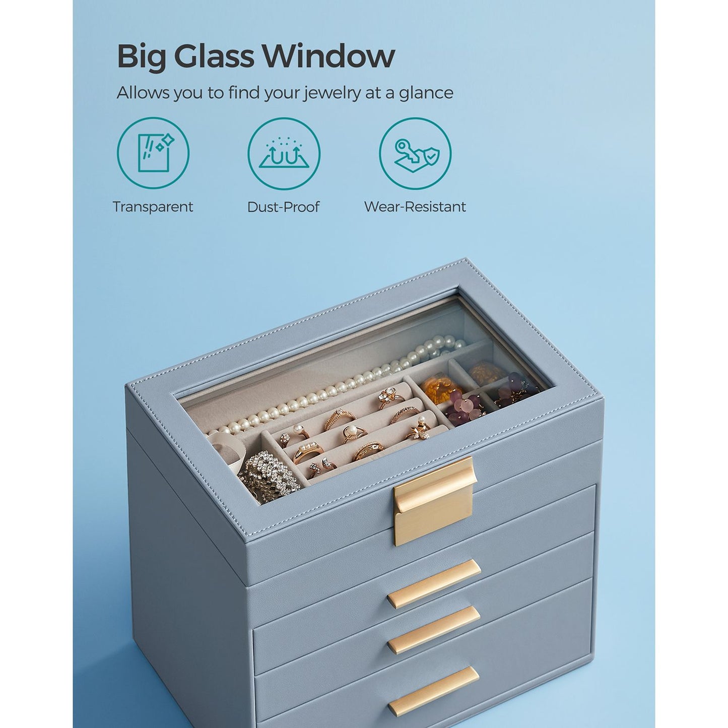 4-Layer Jewelry Box with Glass Lid for Big Jewelry