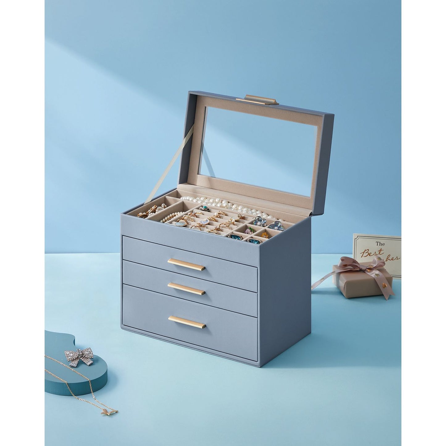 4-Layer Jewelry Box with Glass Lid for Big Jewelry