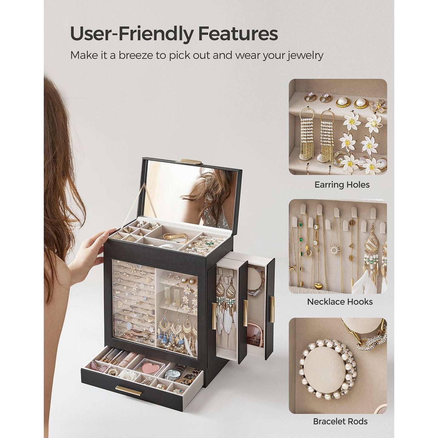 5-Layer Jewelry Organizer with 3 Side Drawers - HWLEXTRA 