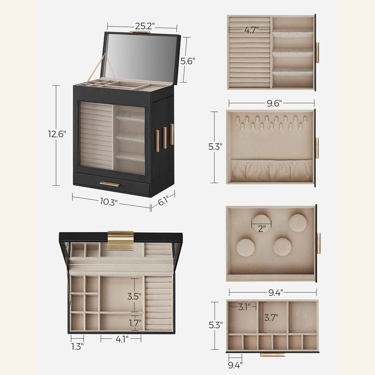 5-Layer Jewelry Organizer with 3 Side Drawers - HWLEXTRA 