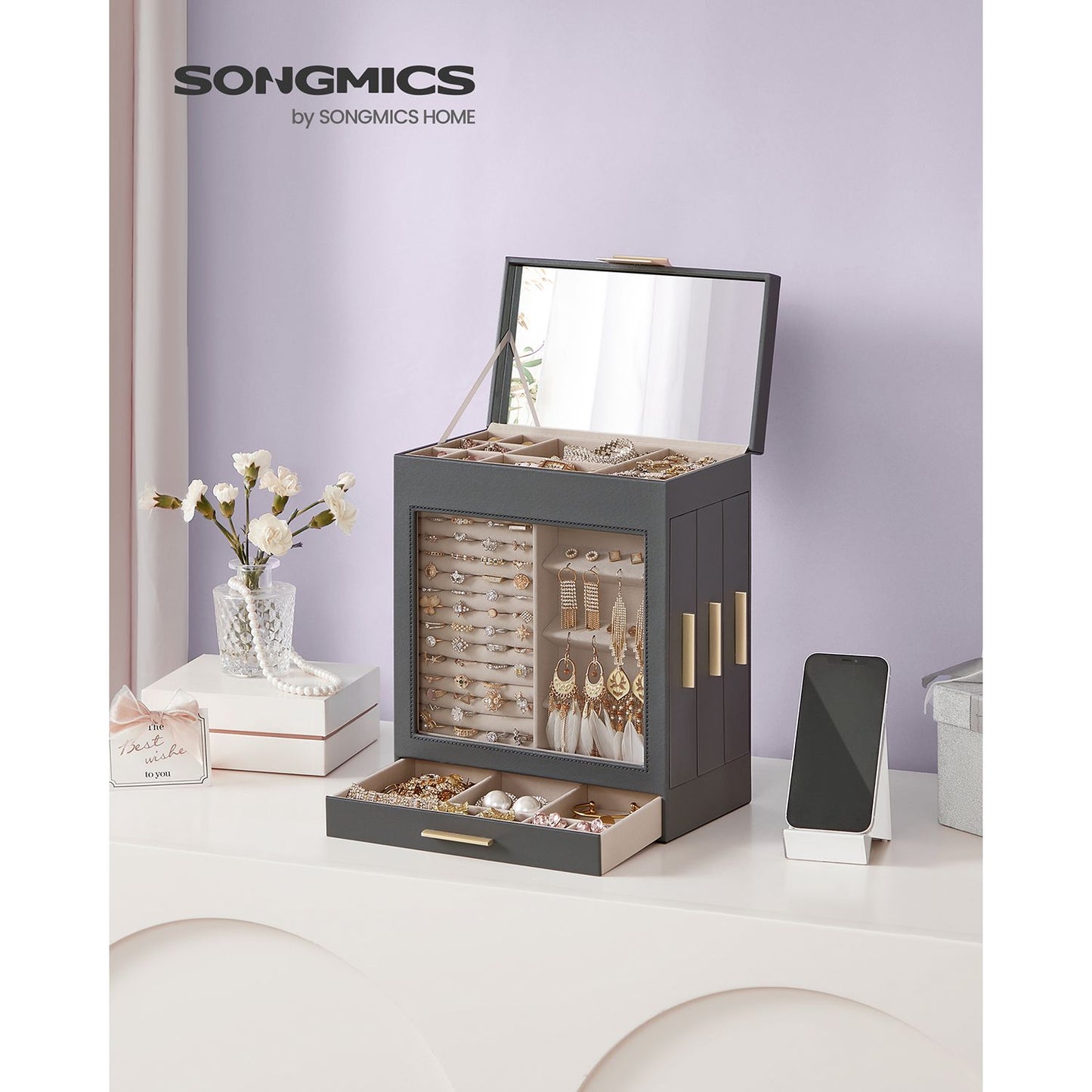 5-Layer Jewelry Organizer with 3 Side Drawers - HWLEXTRA 