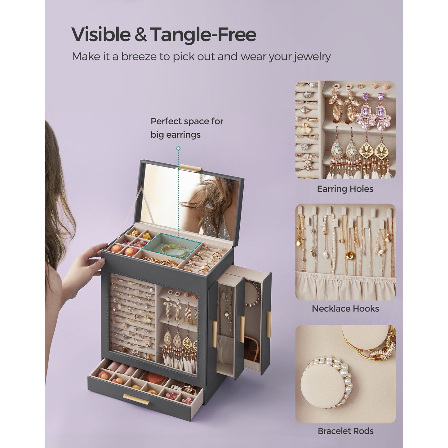 5-Layer Jewelry Organizer with 3 Side Drawers - HWLEXTRA 