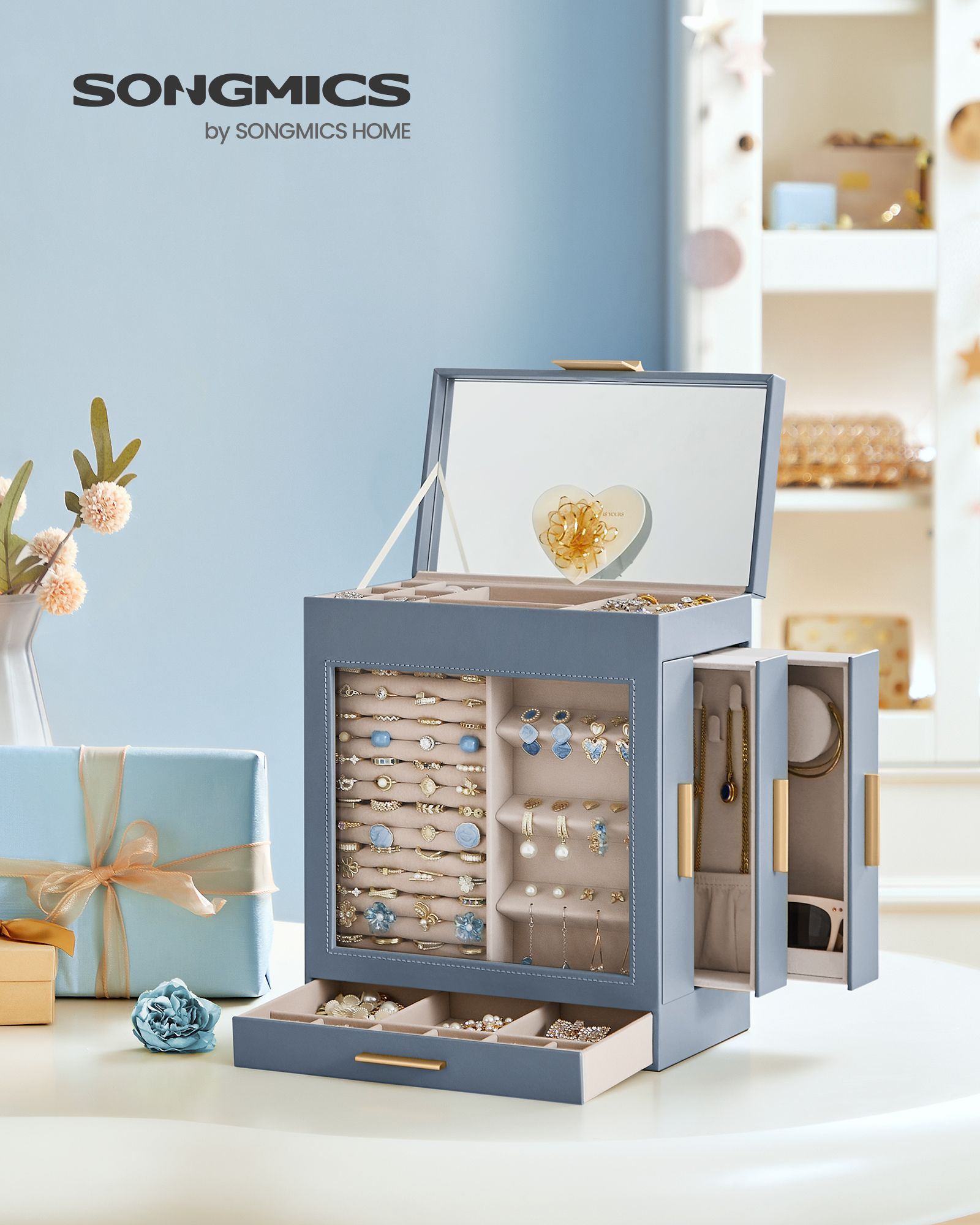5-Layer Jewelry Organizer with 3 Side Drawers - HWLEXTRA 