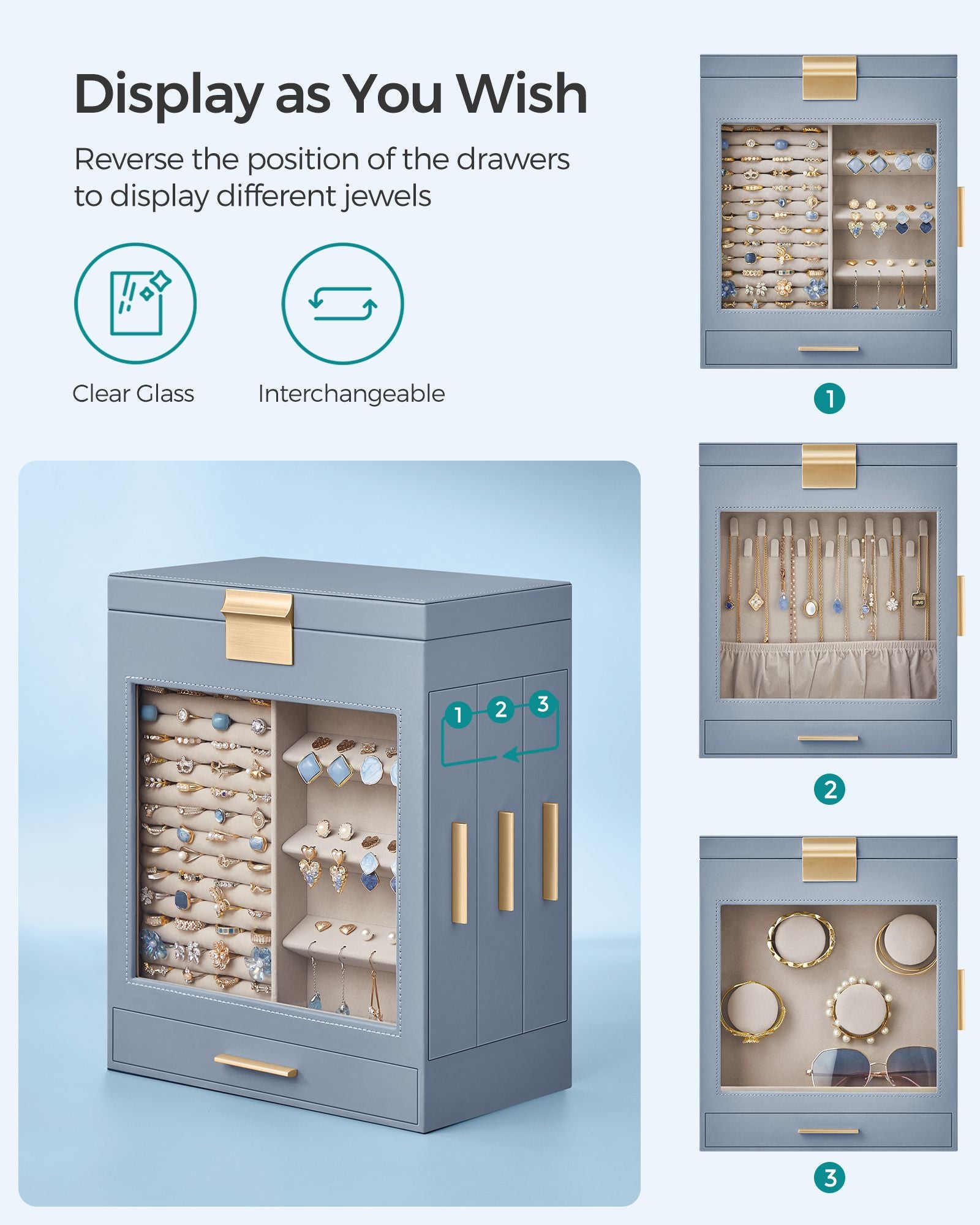 5-Layer Jewelry Organizer with 3 Side Drawers - HWLEXTRA 