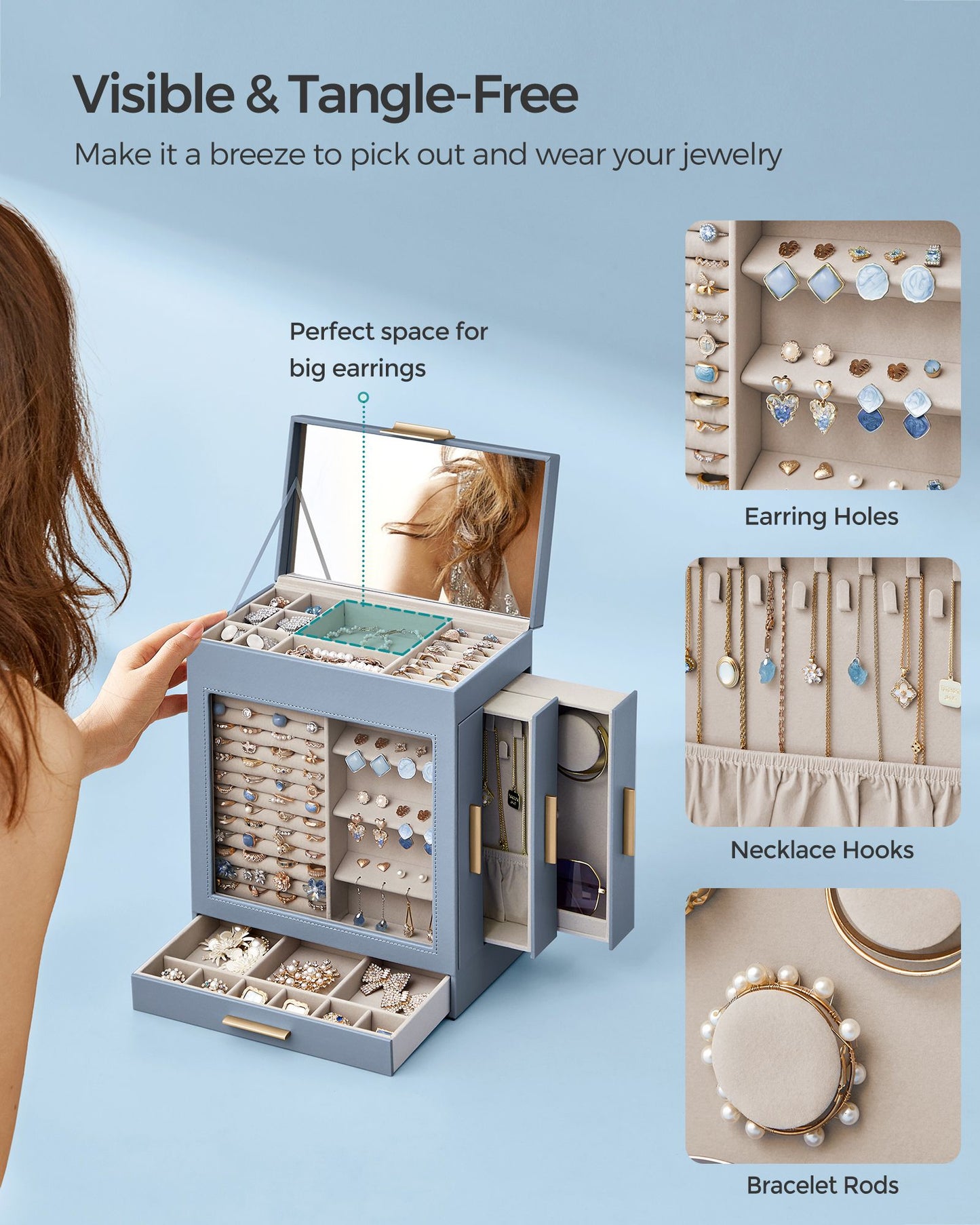 5-Layer Jewelry Organizer with 3 Side Drawers - HWLEXTRA 