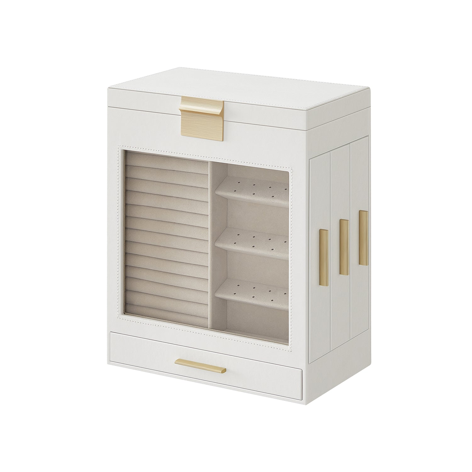 Jewelry Box with Glass Window, 5-Layer Jewelry Organizer with 3 Side Drawers, Jewelry Storage, with Vertical Storage Space, Big Mirror, Modern Style, Cloud White UJBC162W01