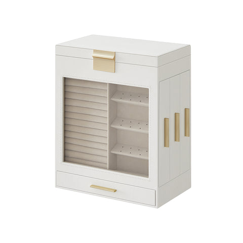 Jewelry Box with Glass Window, 5-Layer Jewelry Organizer with 3 Side Drawers, Jewelry Storage, with Vertical Storage Space, Big Mirror, Modern Style, Cloud White UJBC162W01