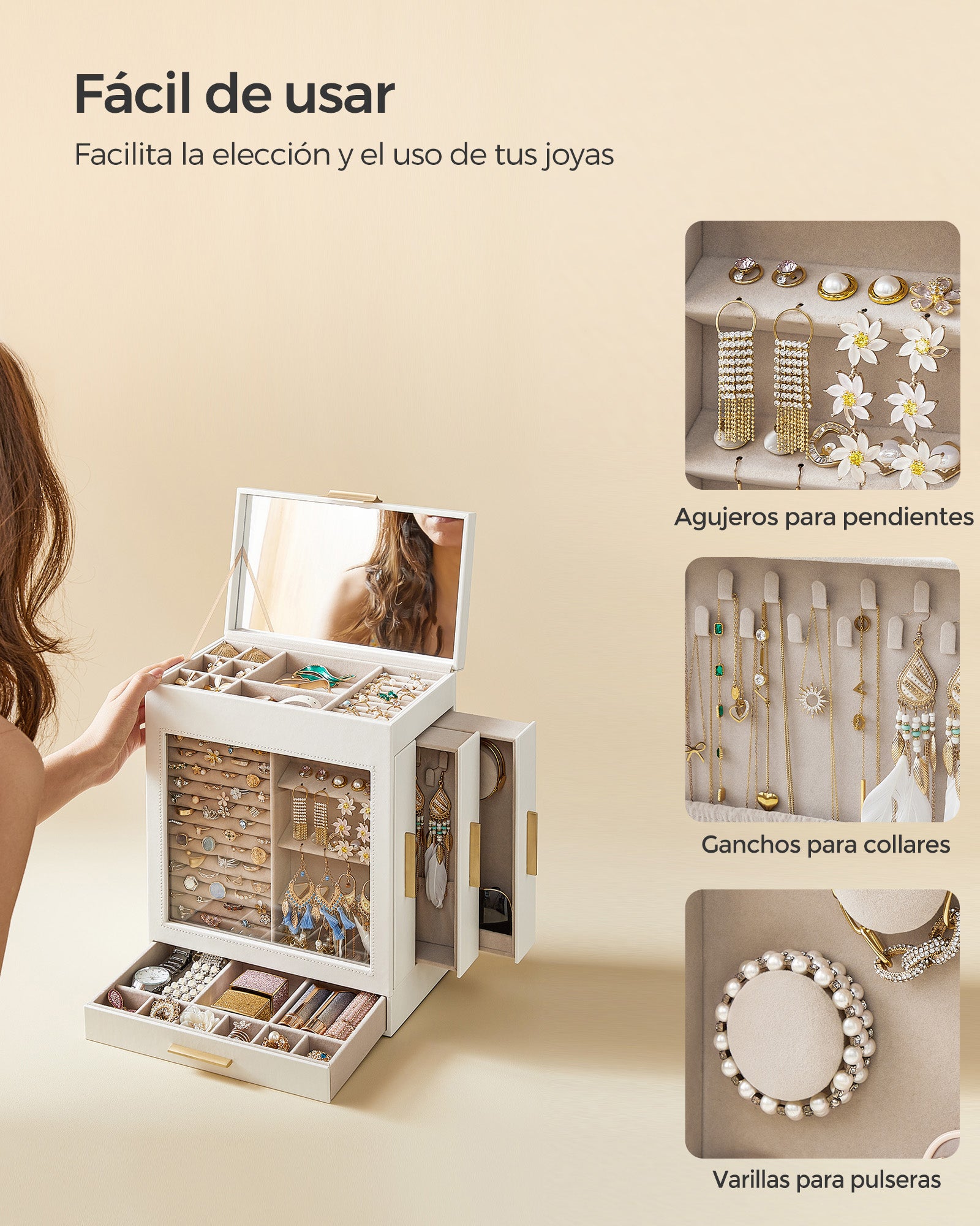 Jewellery Box with Glass Window, 5-Layer Jewellery Organiser with 3 Side Drawers, Jewellery Storage - image 6