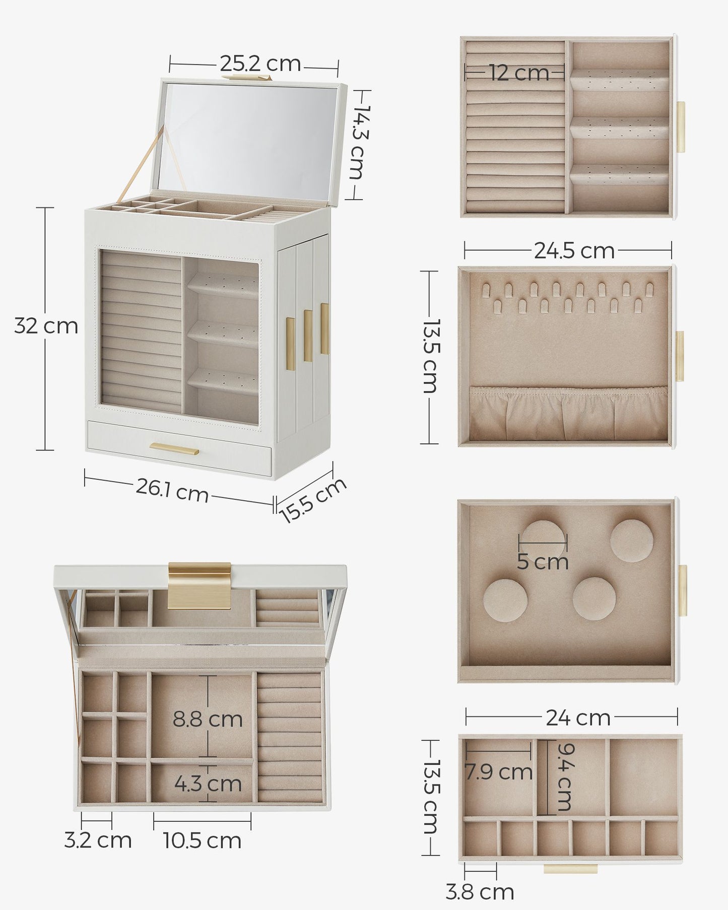 Jewellery Box with Glass Window, 5-Layer Jewellery Organiser with 3 Side Drawers, Jewellery Storage - image 8