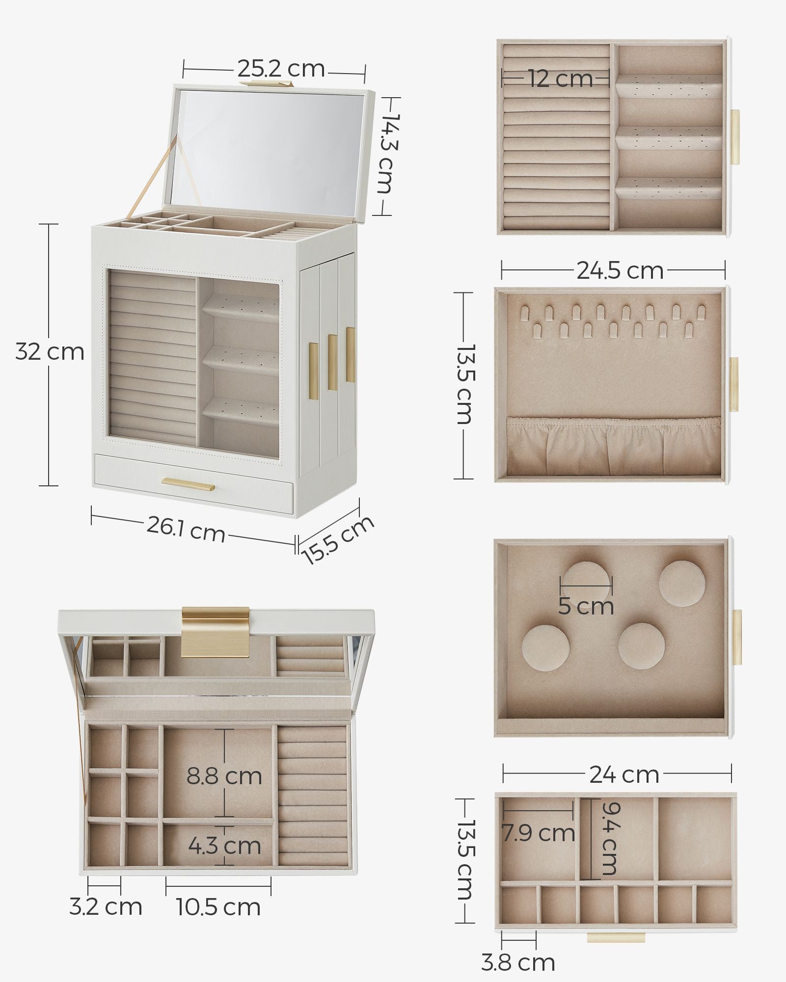 Jewellery Box with Glass Window, 5-Layer Jewellery Organiser with 3 Side Drawers, Jewellery Storage - image 8