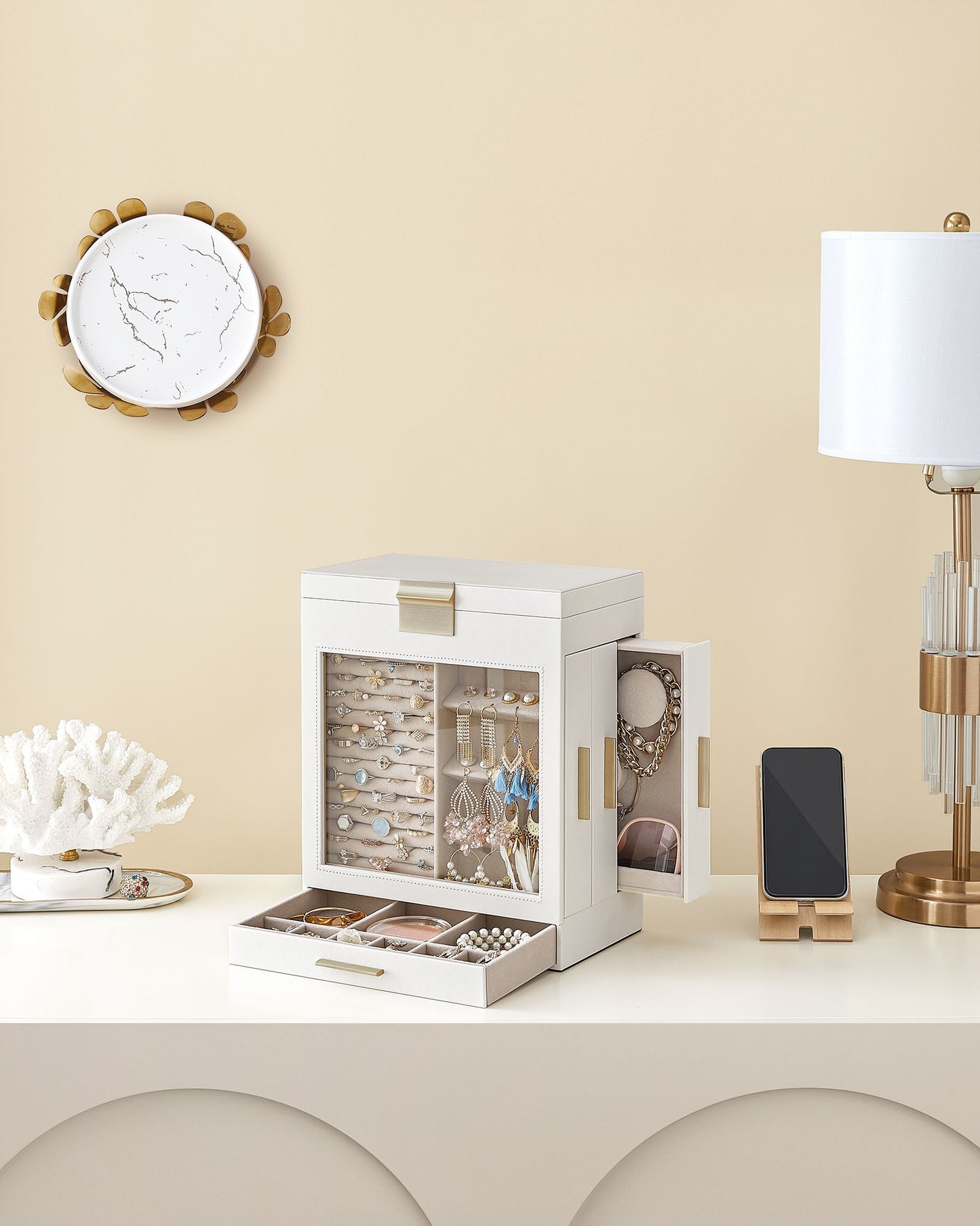 Jewellery Box with Glass Window, 5-Layer Jewellery Organiser with 3 Side Drawers, Jewellery Storage - image 9