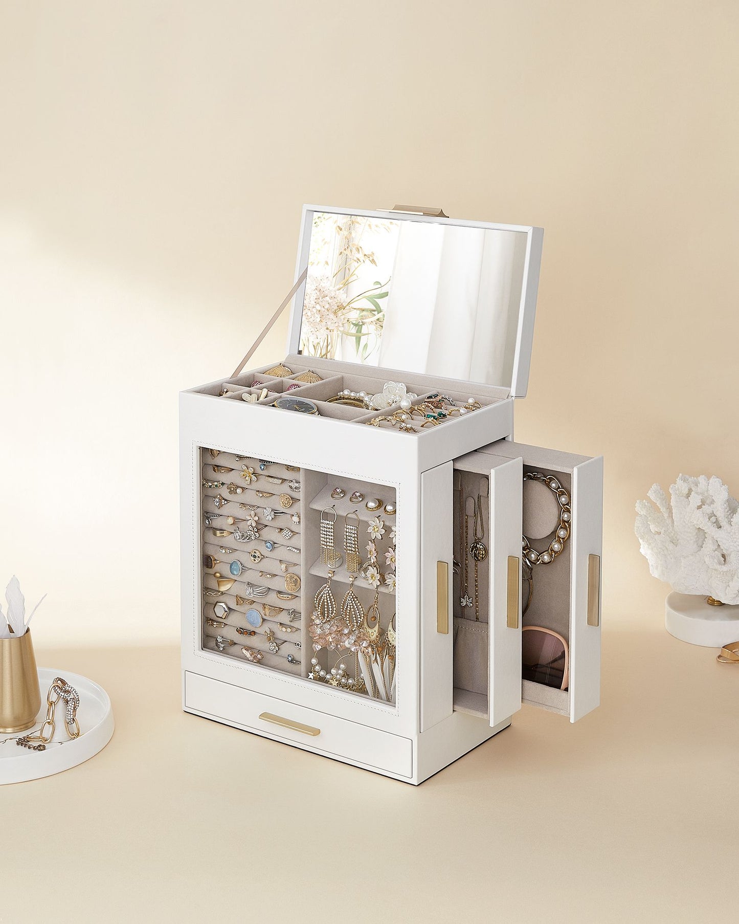 Jewellery Box with Glass Window, 5-Layer Jewellery Organiser with 3 Side Drawers, Jewellery Storage - image 10