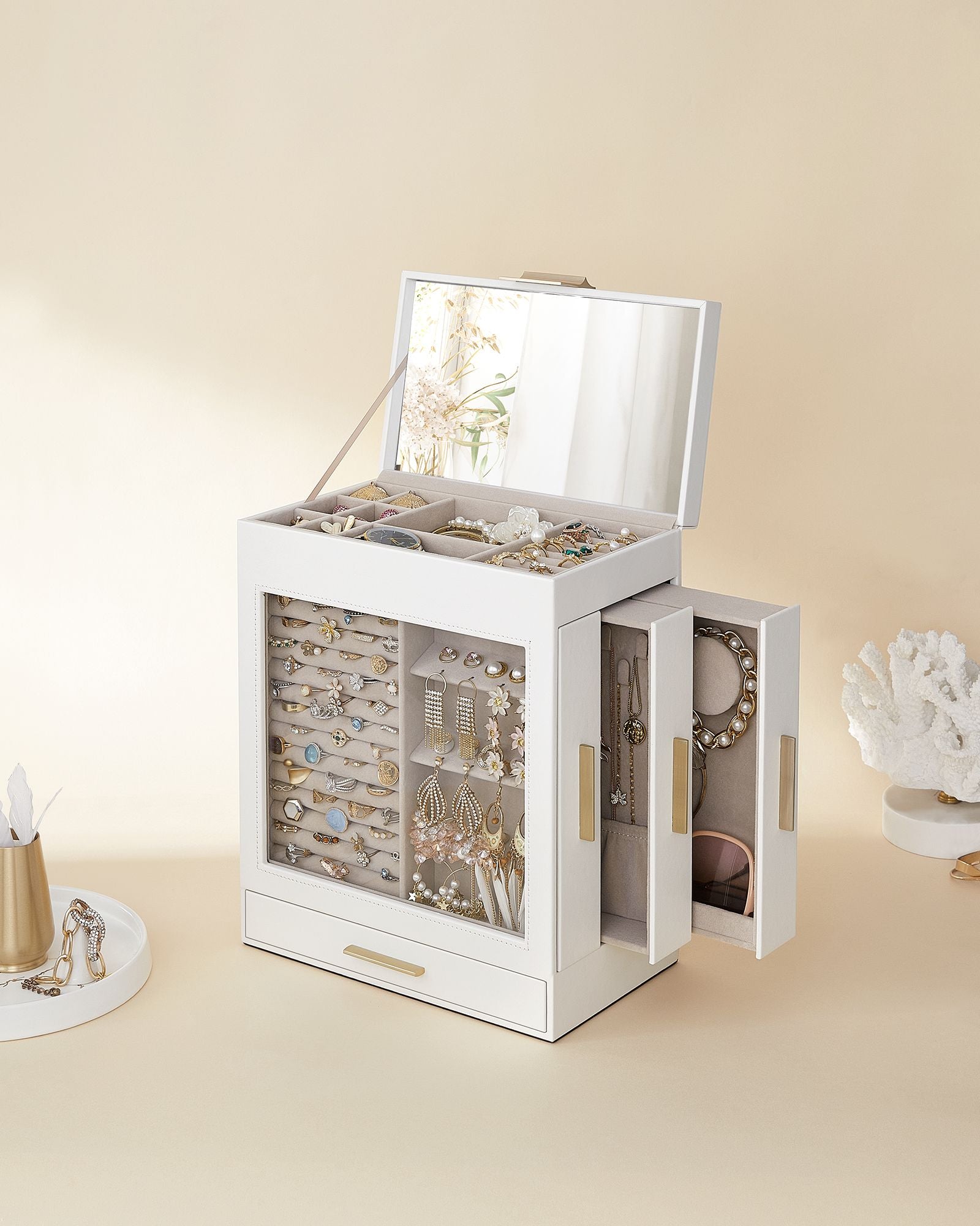 Jewellery Box with Glass Window, 5-Layer Jewellery Organiser with 3 Side Drawers, Jewellery Storage - image 10