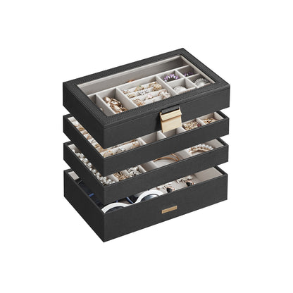 4-Tier Stackable Jewelry Trays with Glass Lid