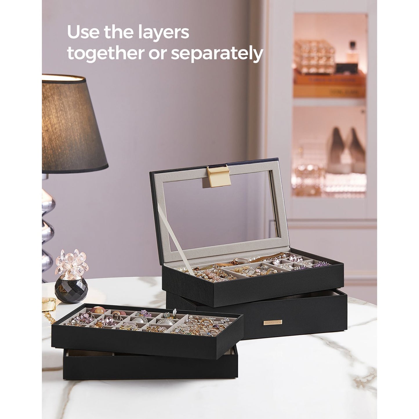 4-Tier Stackable Jewelry Trays with Glass Lid