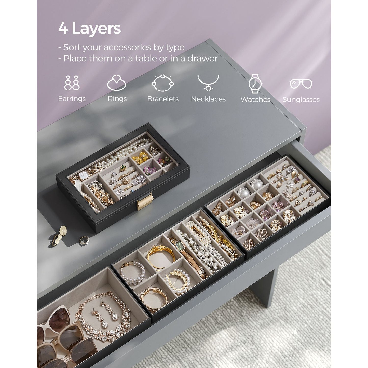 4-Tier Stackable Jewelry Trays with Glass Lid