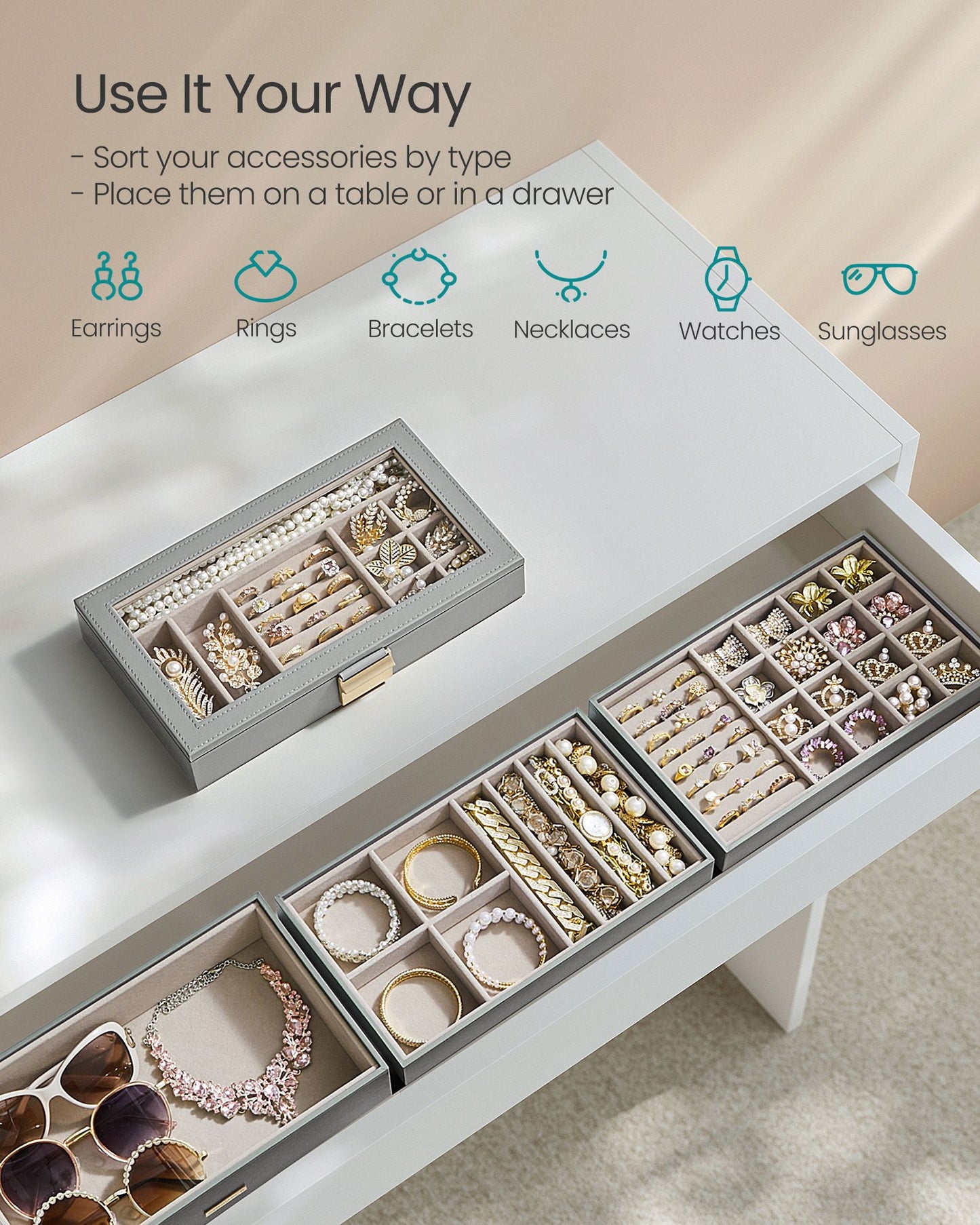 4-Tier Stackable Jewelry Trays with Glass Lid