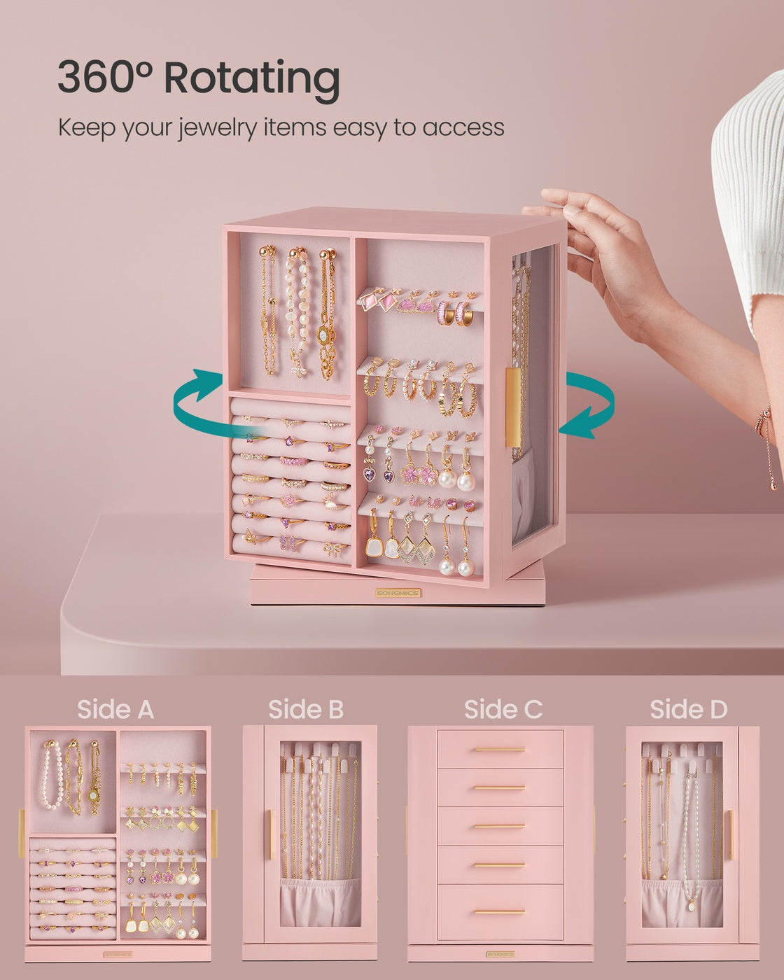 Jewelry Box 360° Rotating, Jewelry Storage Case with 5 Drawers Jelly Pink - image 3