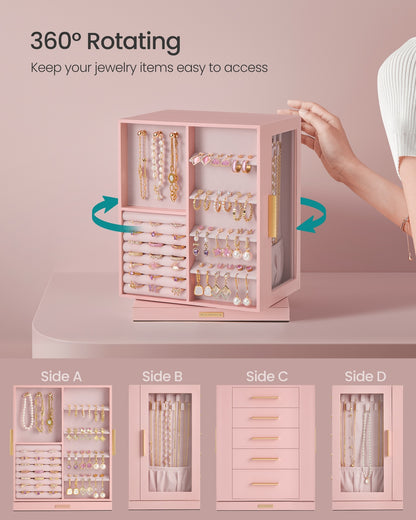 Jewelry Box 360° Rotating, Jewelry Storage Case with 5 Drawers Jelly Pink - image 3