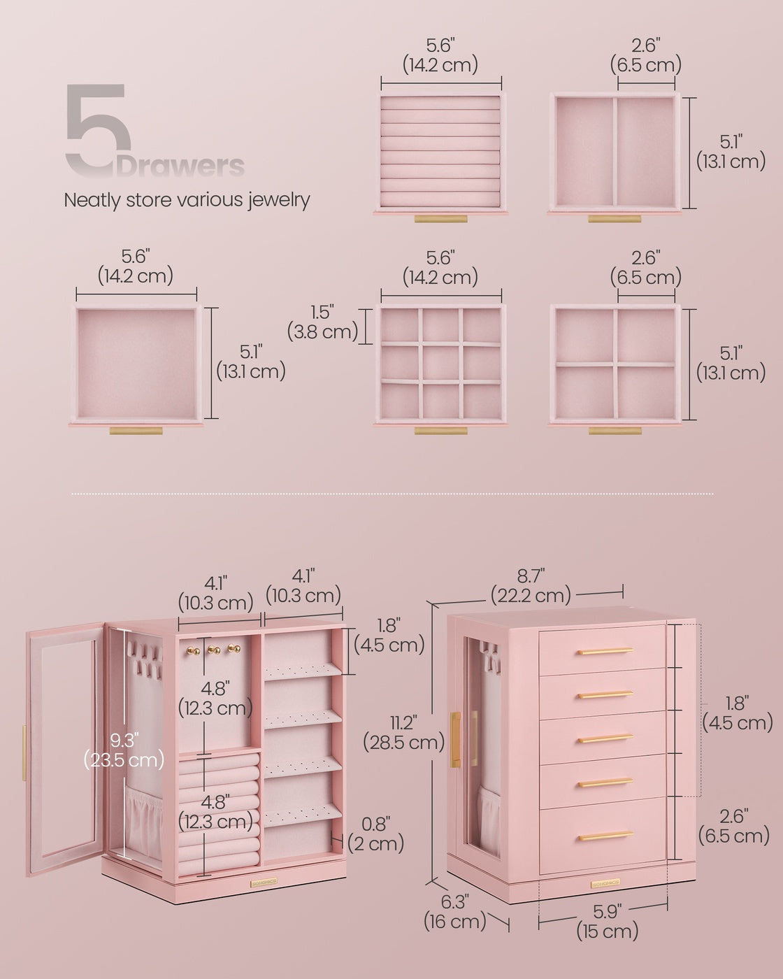Jewelry Box 360° Rotating, Jewelry Storage Case with 5 Drawers Jelly Pink - image 4