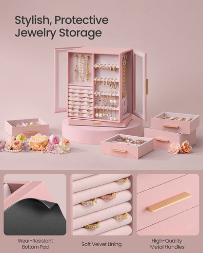 Jewelry Box 360° Rotating, Jewelry Storage Case with 5 Drawers Jelly Pink - image 5