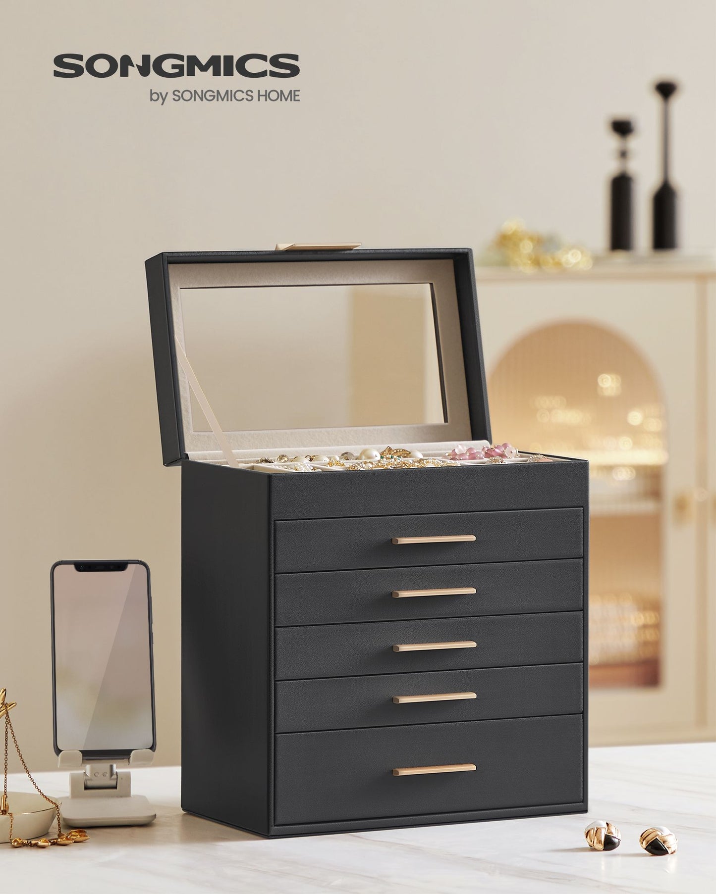6-Layer Jewelry Box with Glass Lid for Big Jewelry - HWLEXTRA 