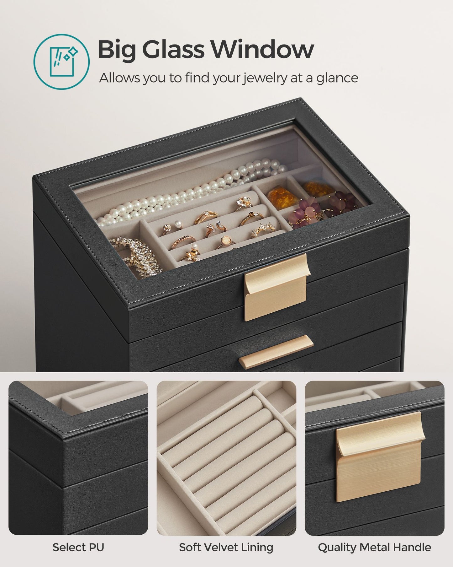 6-Layer Jewelry Box with Glass Lid for Big Jewelry - HWLEXTRA 