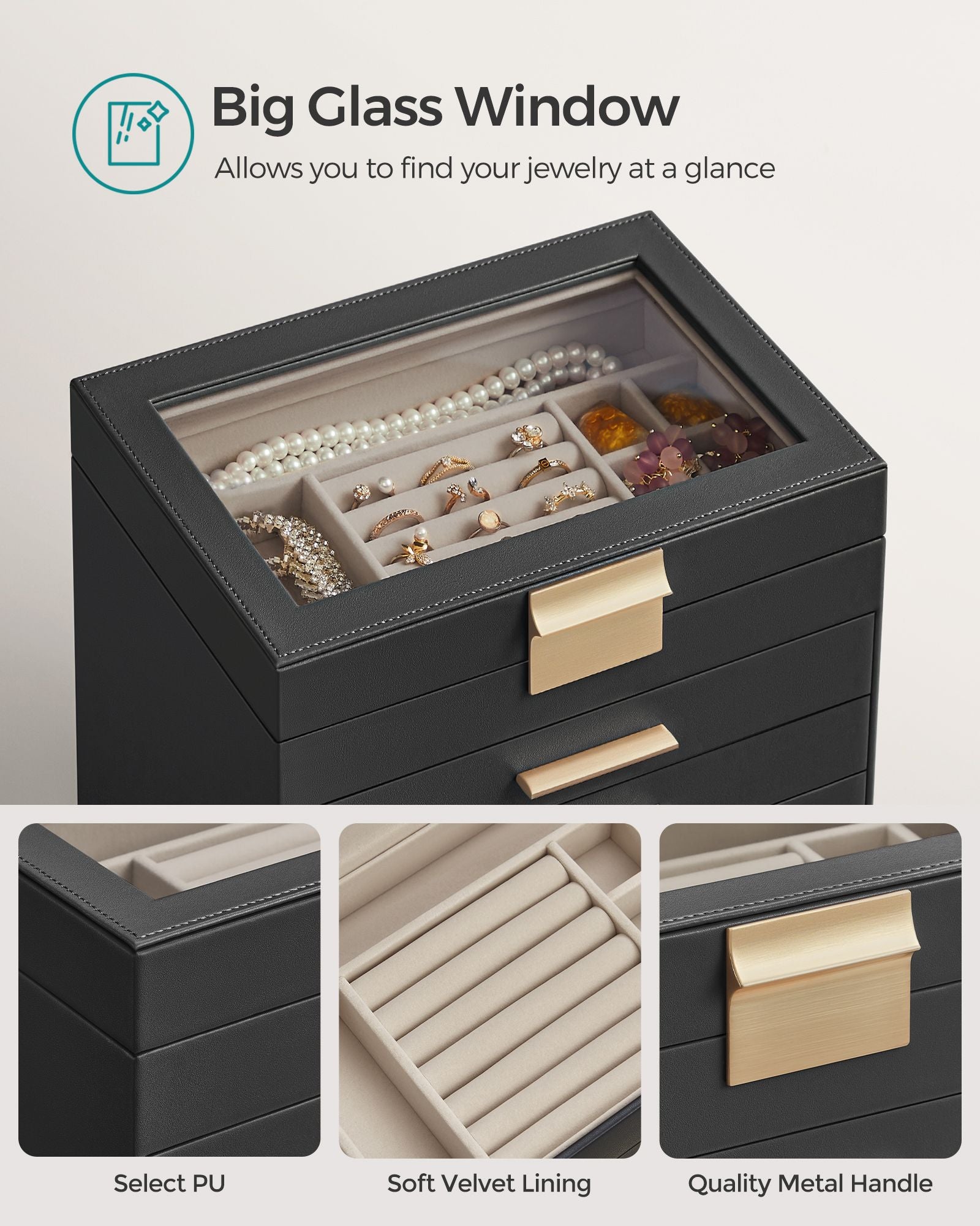 6-Layer Jewelry Box with Glass Lid for Big Jewelry - HWLEXTRA 