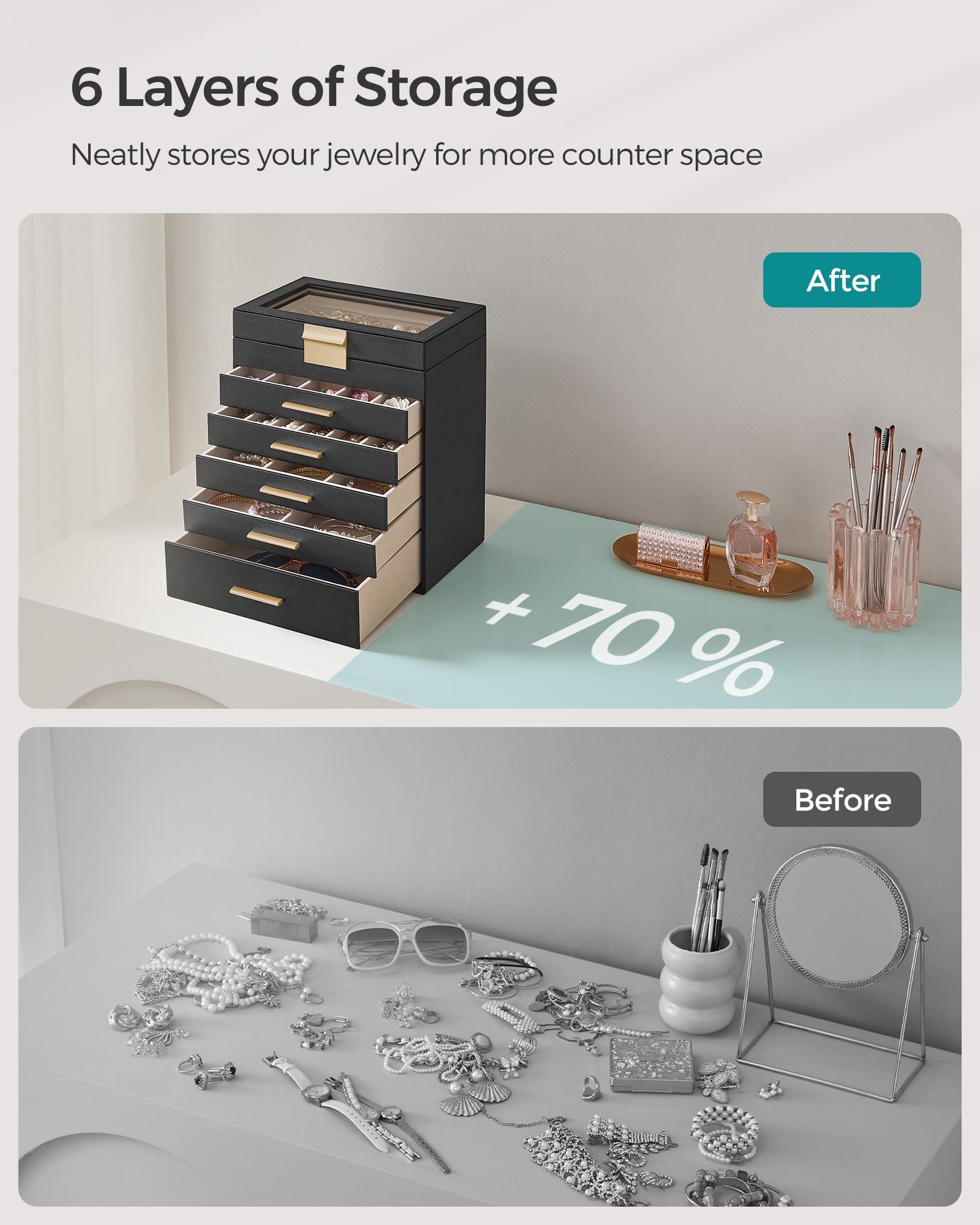 6-Layer Jewelry Box with Glass Lid for Big Jewelry - HWLEXTRA 