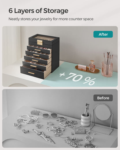 6-Layer Jewelry Box with Glass Lid for Big Jewelry - HWLEXTRA 