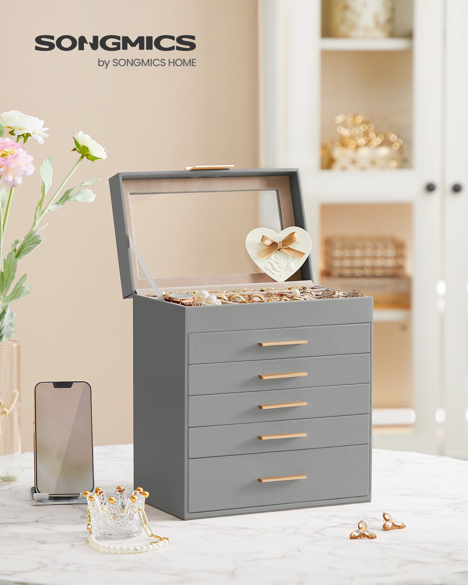 6-Layer Jewelry Box with Glass Lid for Big Jewelry - HWLEXTRA 