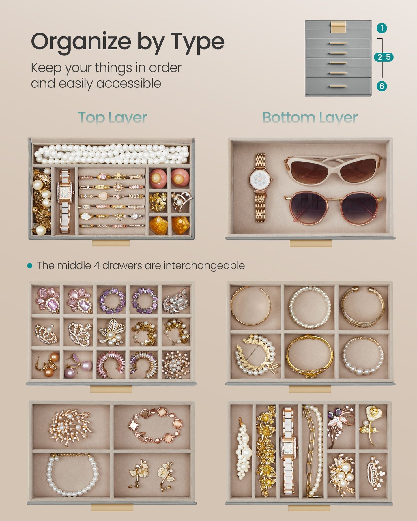 6-Layer Jewelry Box with Glass Lid for Big Jewelry - HWLEXTRA 