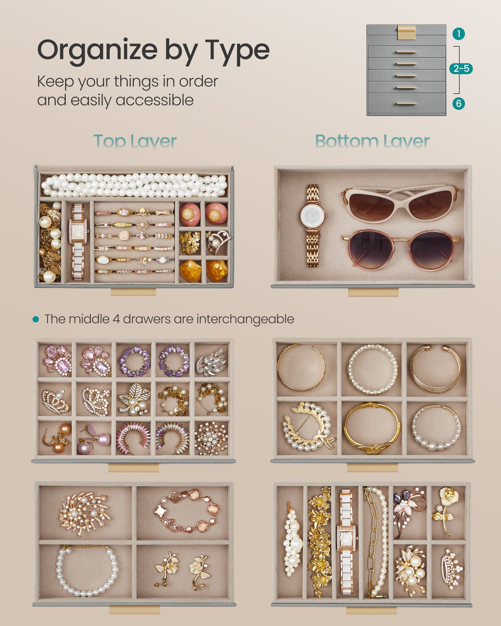 6-Layer Jewelry Box with Glass Lid for Big Jewelry - HWLEXTRA 
