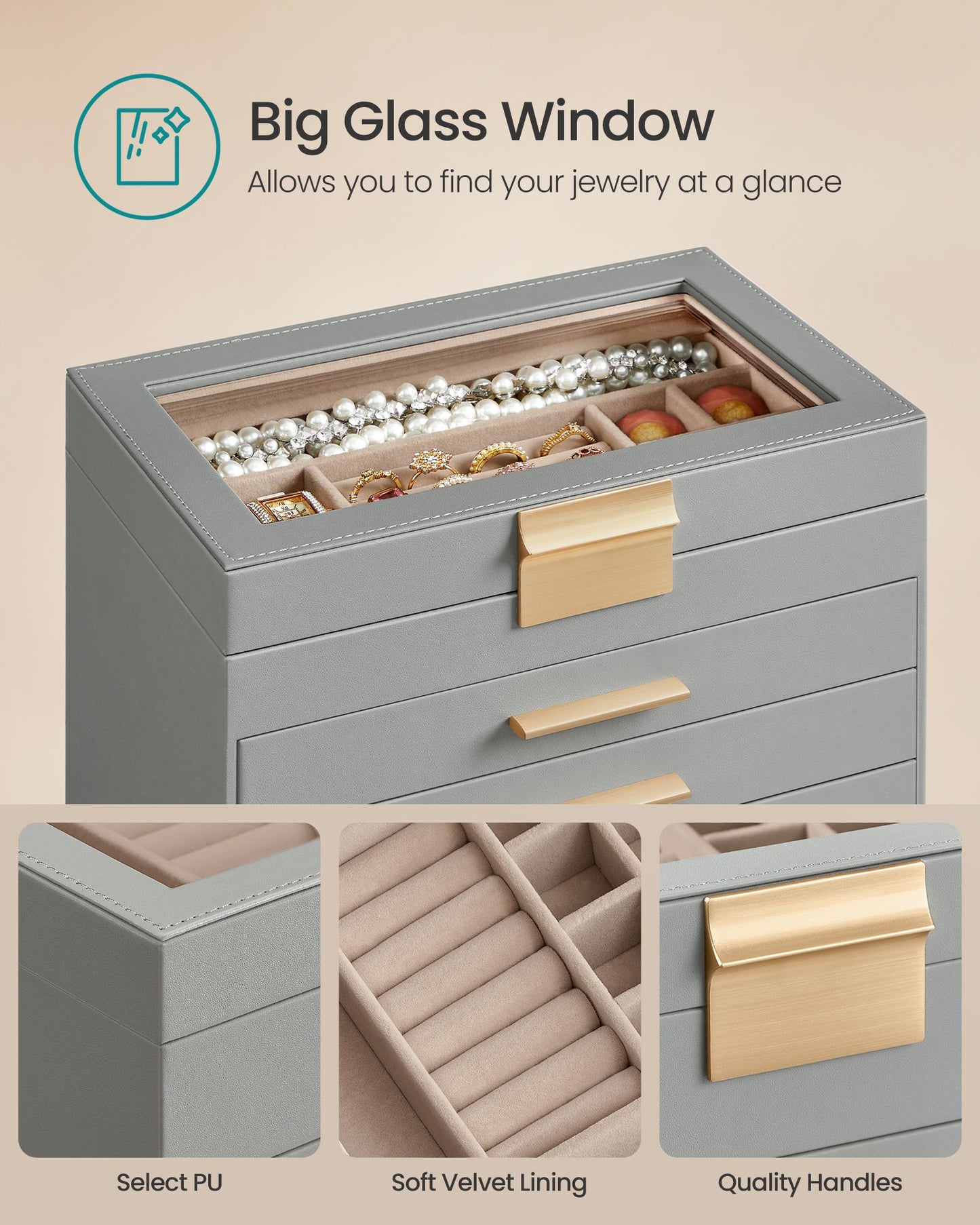 6-Layer Jewelry Box with Glass Lid for Big Jewelry - HWLEXTRA 