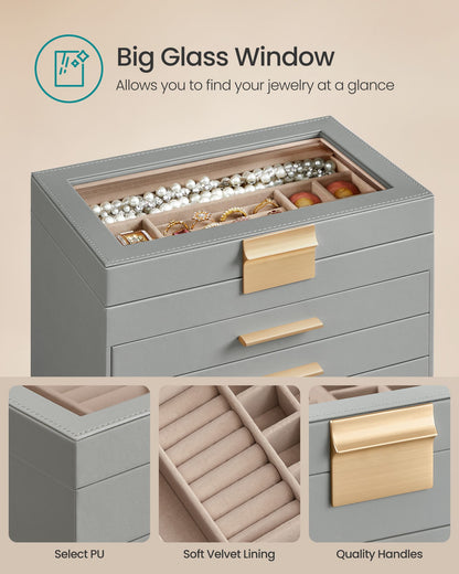 6-Layer Jewelry Box with Glass Lid for Big Jewelry - HWLEXTRA 