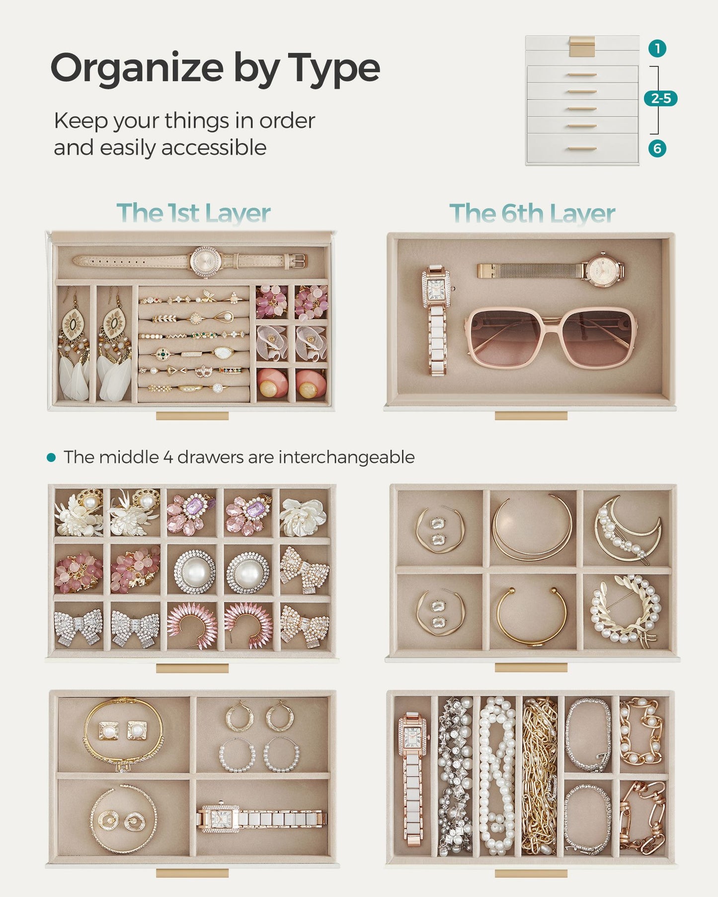 6-Layer Jewelry Box with Glass Lid for Big Jewelry - HWLEXTRA 